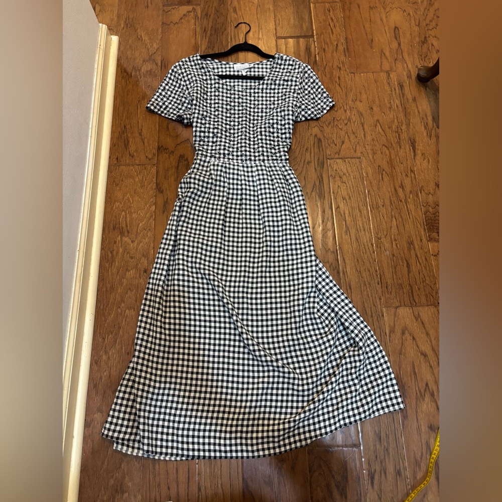 Vintage Avenue K Black White Gingham Cottagecore Midi Dress M